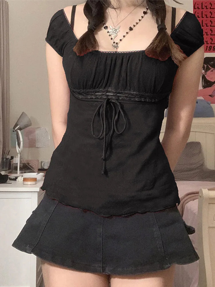 2000s Aesthetic Sweet Lace Tops Off Shoulder Drawstring T-shirt Korean Female Tee Fairy Grunge
