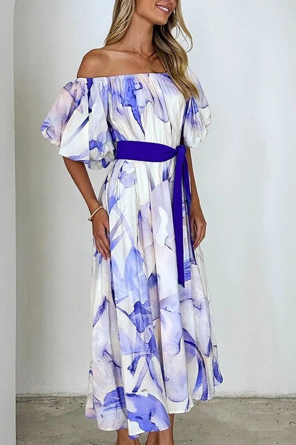 Print Puff Sleeve Tie-waist Midi Dress