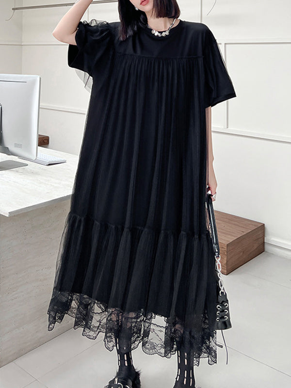 Fake Two-piece Loose Gauze Pleated Color Split-joint Tiered Round-neck Midi Dresses