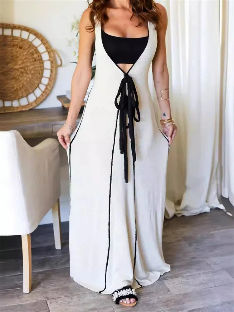 Lace-up Patchwork Loose Dress ’s Sleeveless Hollow Out Contrast Bandage V-neck Maxi Dress Female Party Dress