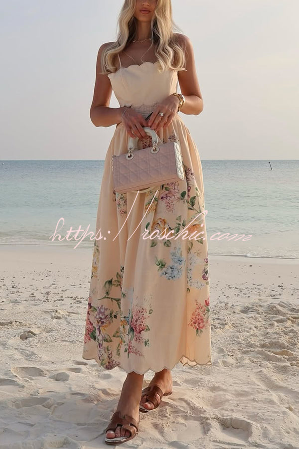 Cabo Sunsets Print Petal Trim Back Lace-up Midi Dress
