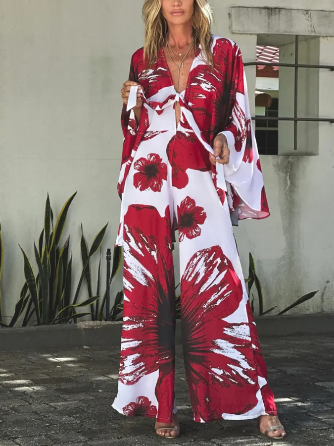 Red Hibiscus Printed Beach Garbo Cape Jumpsuit
