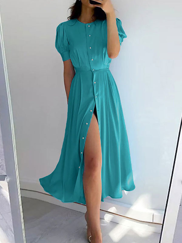 High Waisted Loose Buttoned Round-neck Midi Dresses