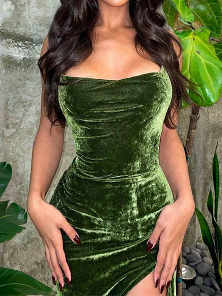 Lace Up Green Velvet Strap Maxi Dress for Side Slit Backless Bodycon Prom Dress Outfit Birthday Party