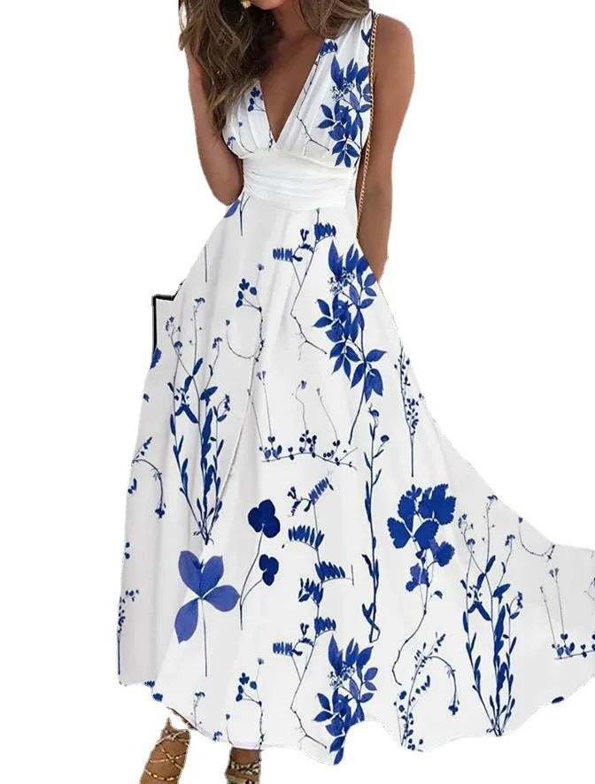 Summer Flower Printed Sleeveless Long Dresses V-neck Lady Party A-line Dress Maxi Evening Vestidos New