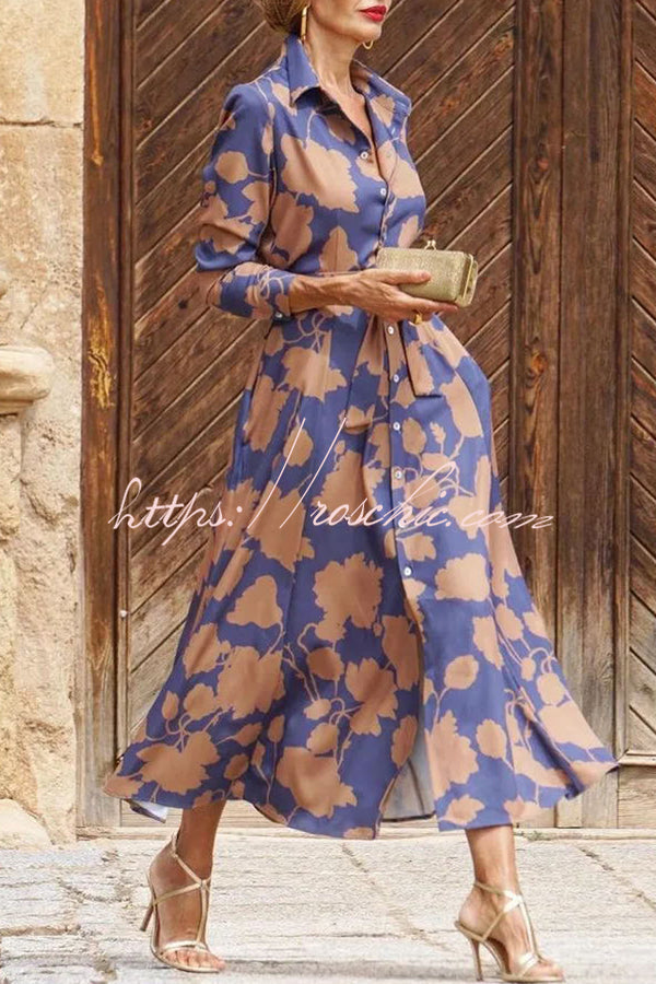 Lapel Print Lace Up Buttoned Pockets Long Sleeve Midi Dress