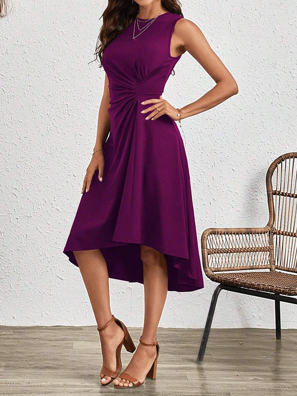 A-line High Waisted Asymmetric Pleated Color Split-joint Round-neck Midi Dresses