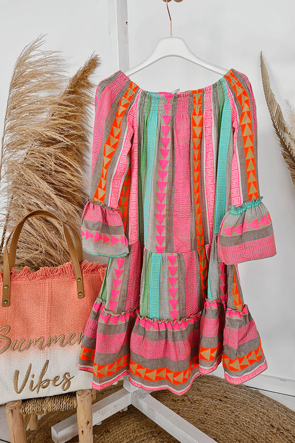 Friendly Shores Linen Blend Print Off Shoulder Loose Mini Dress
