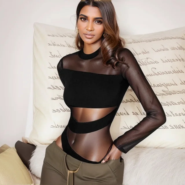 Spring Summer New Cut Cross Hollow Mesh Jumpsuit Long-sleeved Thin O Neck Diagonal Black Charming Bodysuit Clubwear