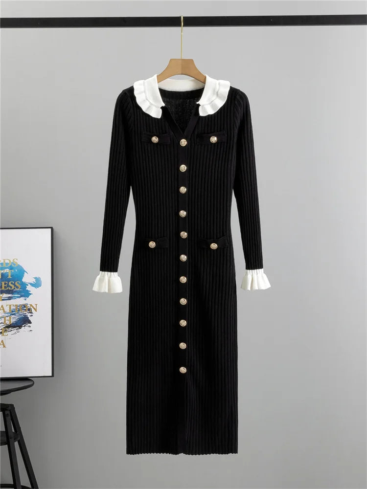 Winter Knitwear V-neck Maxi Dress Female Ruffled High Waist Cardigan Ribbed Sweater Party Dress ’s Knit Dress
