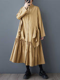 A-line Long Sleeves Buttoned Pleated Pockets Color Split-joint Lapel Midi Dresses