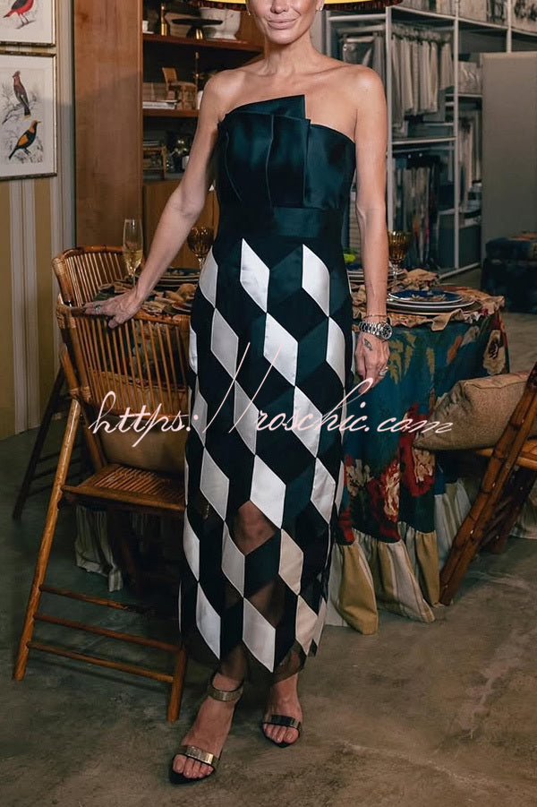 Tube Top and Backless Rhombus Contrast Midi Dress