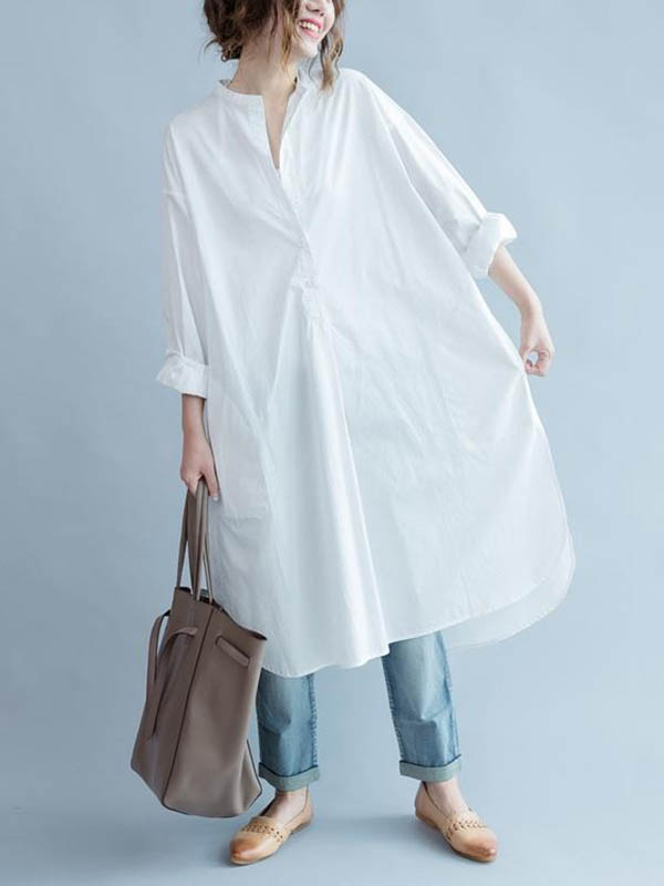 High-low Long Sleeves Buttoned Color Split-side Lapel Midi Dresses Shirt Dress