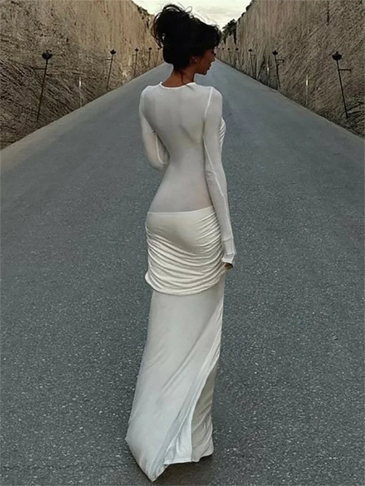 Mesh Patchwork Maxi Dress ’s Pleated Skinny High Waist Slim See-through Party Dress Female Long Dress