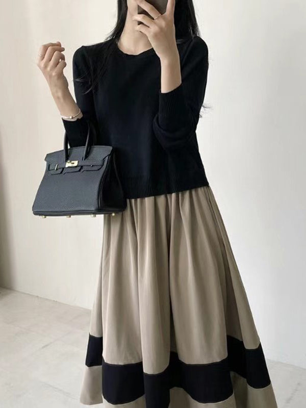 A-line Long Sleeves Pleated Split-joint Round-neck Midi Dresses