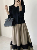 A-line Long Sleeves Pleated Split-joint Round-neck Midi Dresses