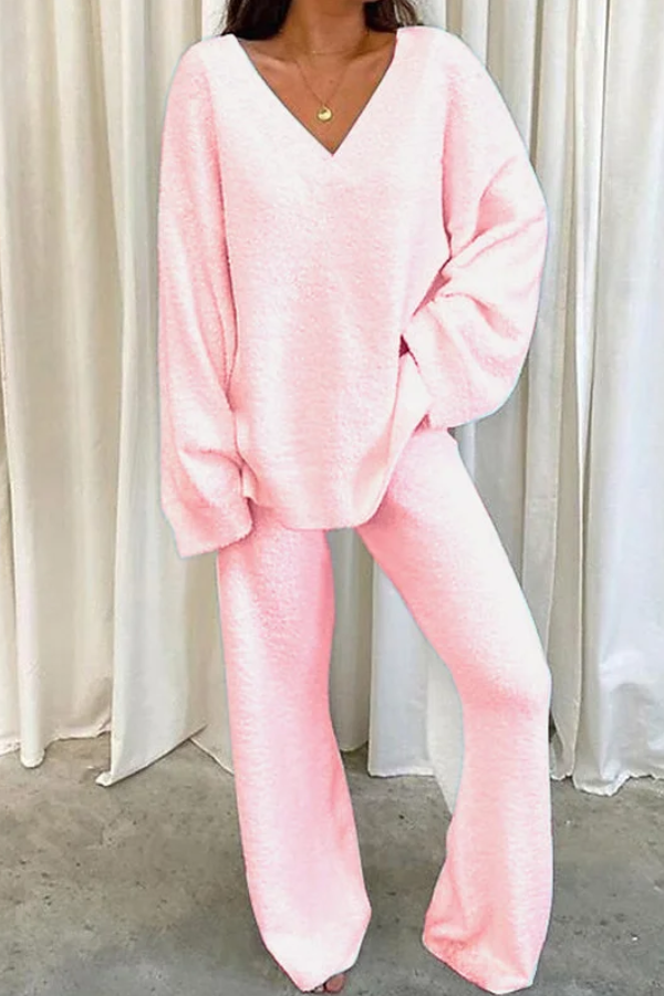 Comfortable Color V-neck Daily Two-piece Set