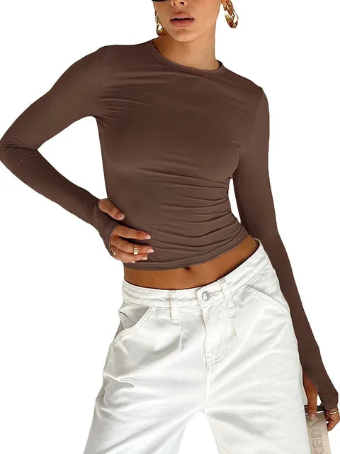 T-shirt Long Sleeve Crew Neck Slim Fit Crop Top With Thumb Holes for Daily Summer Camis