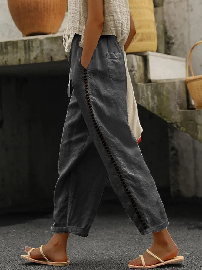 Loose Hollow Out Lace Pockets Drawstring Waist Plain Linen Pants