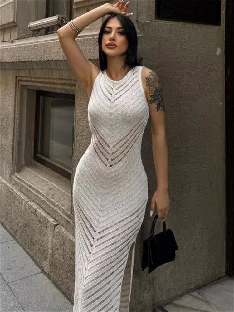 Knit Hollow Out Patchwork Maxi Dress Female High Waist Sleeveless See-through Party Dress ’s Dress
