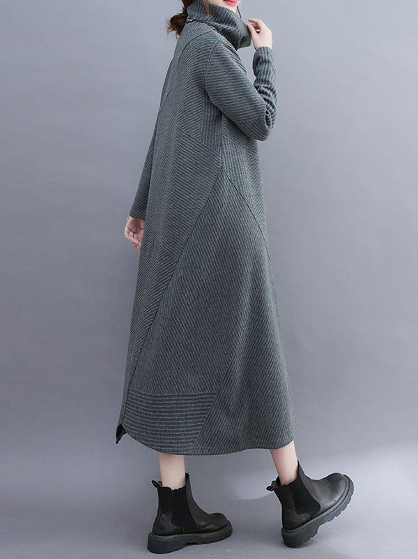 Irregularity Long Sleeves Color High-neck Midi Dresses