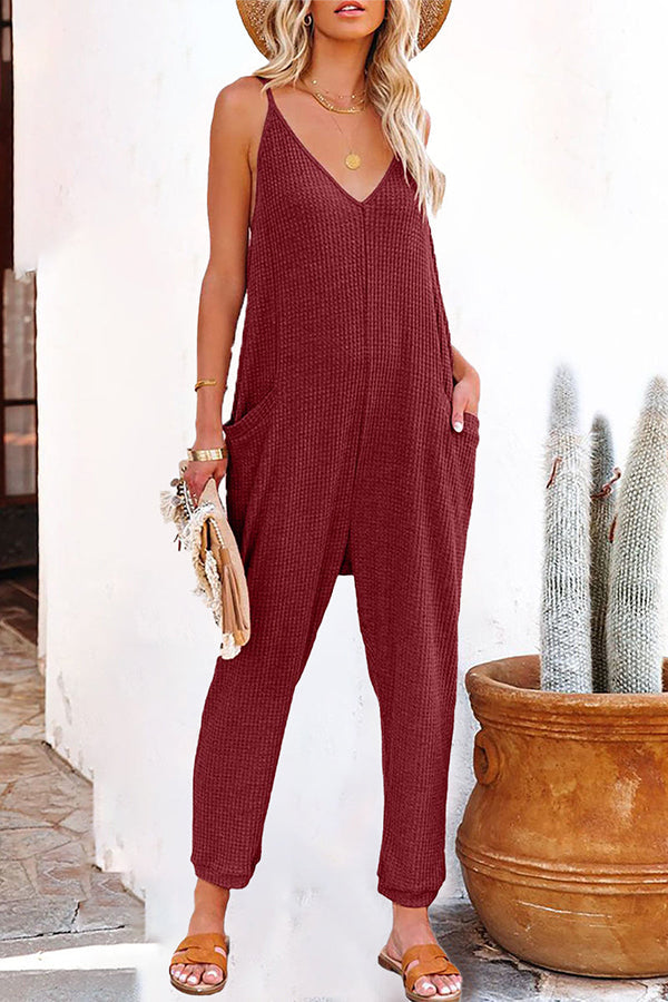 One Word Pleated Pure Color Jumpsuit