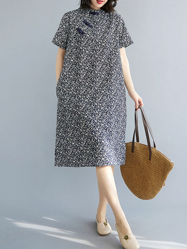 Artistic Retro Printed Stand Collar Short Sleeves Cheongsam Midi Dress