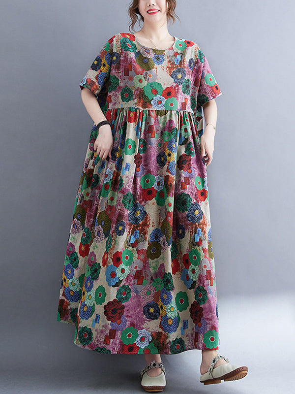 Loose Multi-colored Printed Midi Dress