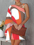 Original Loose Contrast Color Printed One-shoulder Mini Dresses