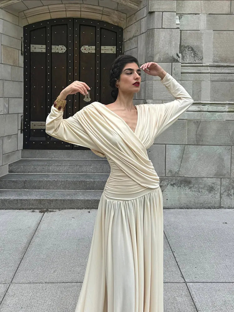 V-neck Draped Maxi Dress Long Sleeves Backless Slim Dresses New Summer Female High