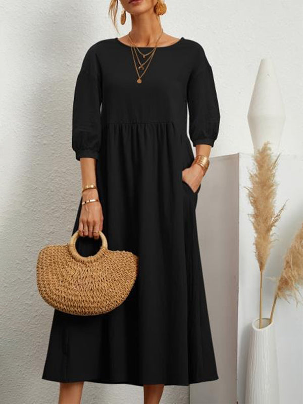 11 Colors Simple Round-neck Color Midi Dress