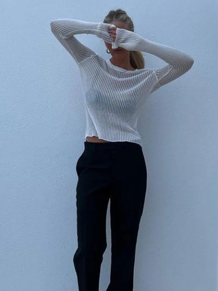 White Striped See Through Tops Outfits Long Sleeve T-shirts Tees Skinny Club Party Clothes