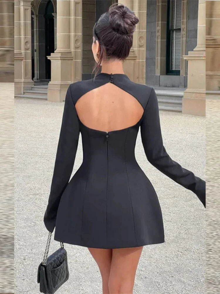 Round Neck Long Sleeved Mini Dress Backless Slim Fit A-line Vestidos Lady Party Club Evening Gowns
