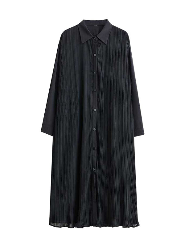 A-line Long Sleeves Buttoned Pleated Pockets Split-joint Lapel Midi Dresses Shirt Dress