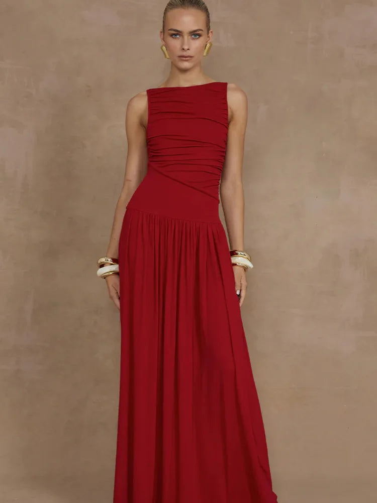 Artcat Sleeveless Round Neck Bodycon Long Dress for Folded Slimming Party Evening Dress Female Tight Vestido