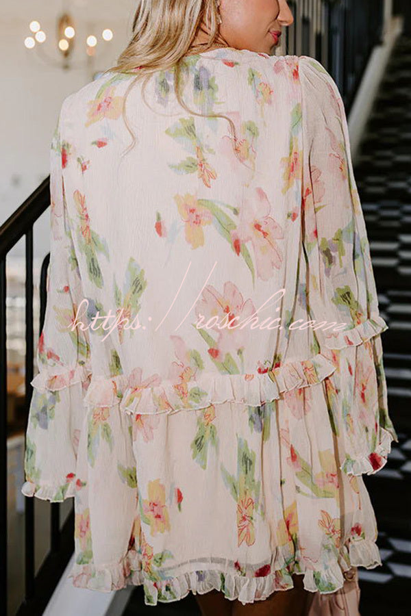 Striking Pleated Print V Neck Ruffle Paneled Long Sleeve Mini Dress