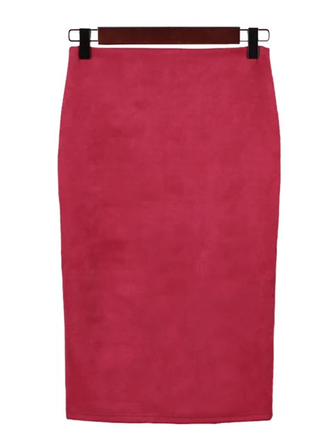 Suede Color Pencil Skirt Female Autumn Winter High Waist Bodycon Split Thick Stretchy Skirts