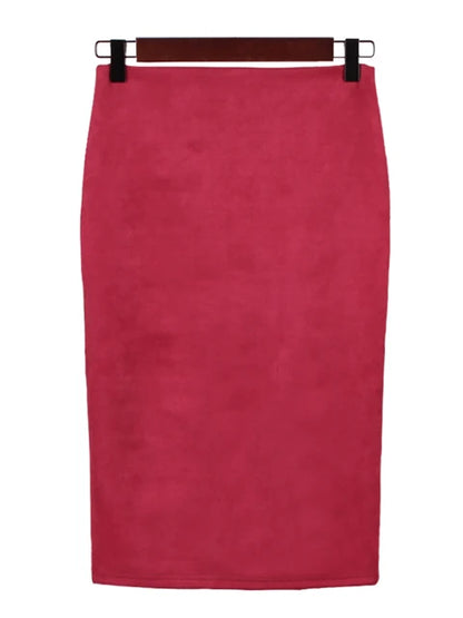 Suede Color Pencil Skirt Female Autumn Winter High Waist Bodycon Split Thick Stretchy Skirts