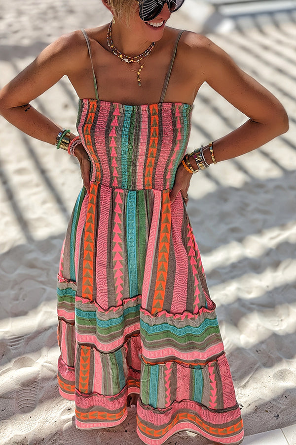 Plenty of Sunshine Linen Blend Print Smocked Cami Midi Dress