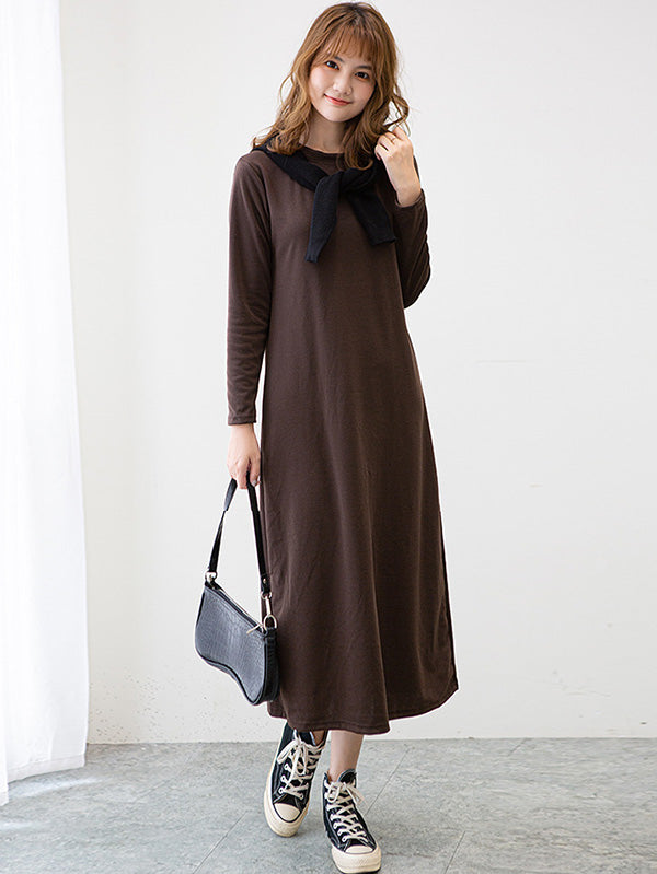 Simple Color Round-neck A-line Midi Dress
