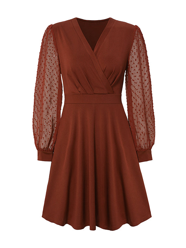 A-line Long Sleeves Gauze Pleated Split-joint V-neck Midi Dresses