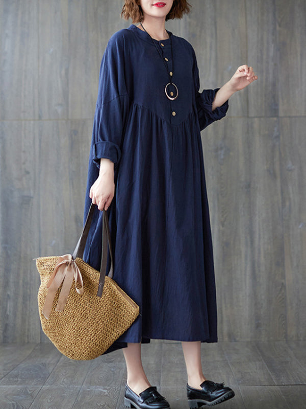 Loose Puff Sleeves Pleated Color Stand Collar Midi Dresses