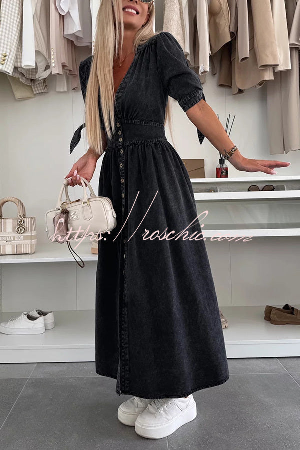 Color V-neck Button-down Denim Midi Dress