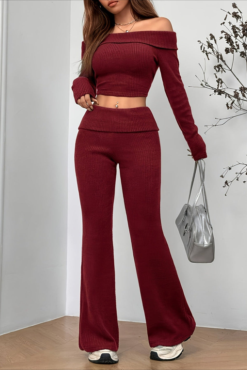 Off-shoulder Fitted Crop Top Pants Two Piece Set