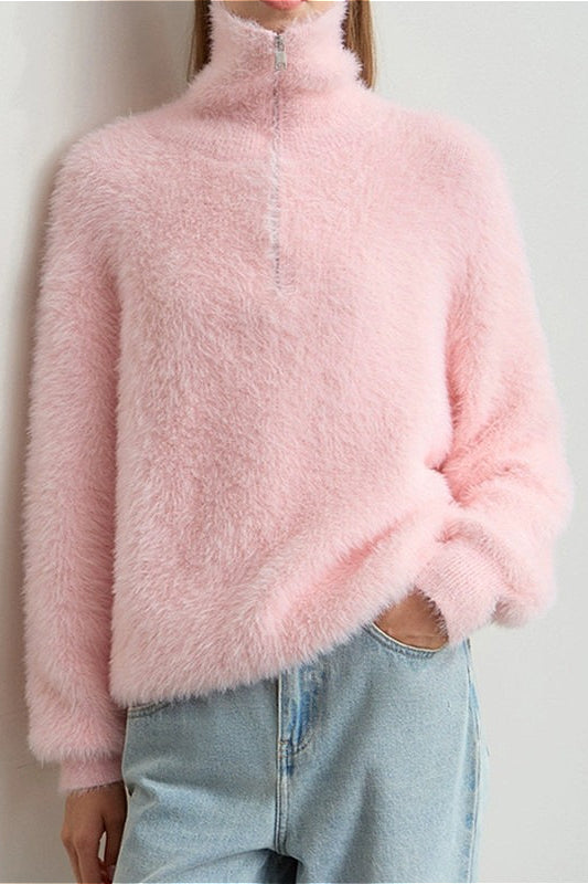 Faux Mink Slouchy Turtleneck Zip-front Sweater