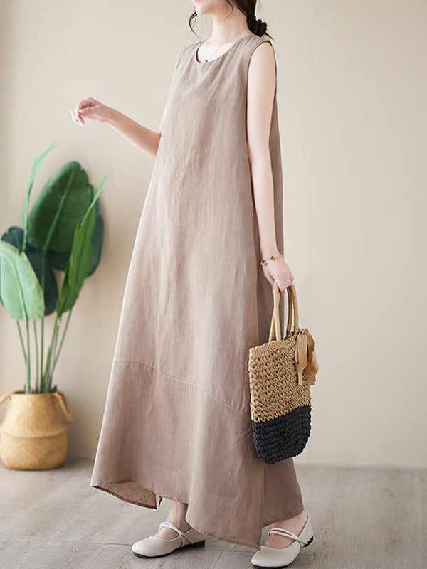 A-line Loose Color Round-neck Midi Dresses