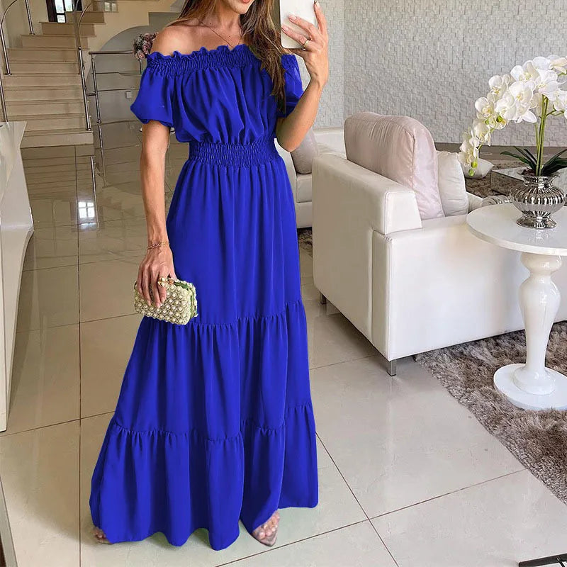 Summer Vestidos Red Short Sleeve Club Party Evening Long Dress Slim Color Robe Ruffles Elastic Waist Slash Neck