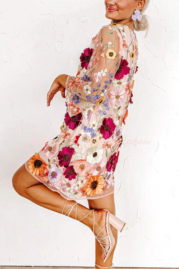 Dahlia Dreaming Embroidered Applique Half Sleeve Mini Dress