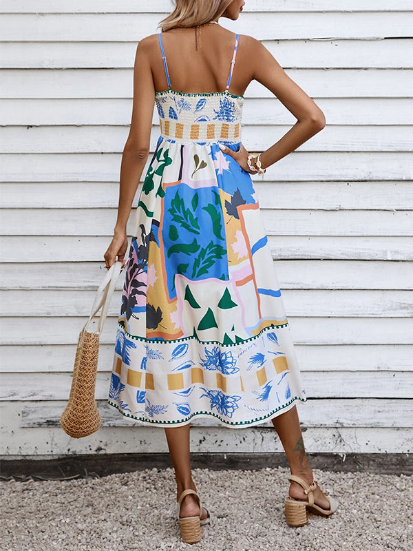 High Waisted Sleeveless Pleated Printed Split-joint Collarless Midi Dresses Slip Dress