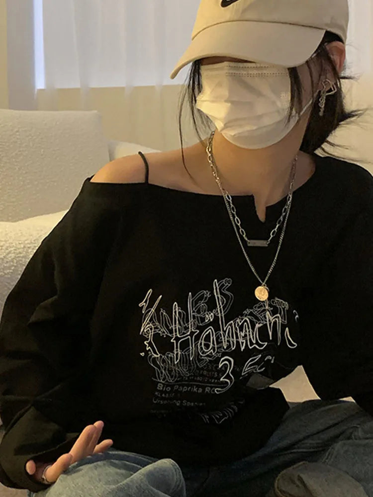 Y2k T-shirt Fairy Grunge Letter Print Tops Black Autumn Off Shoulder Long Sleeved Korean Tees Loose Harajuku Shirt